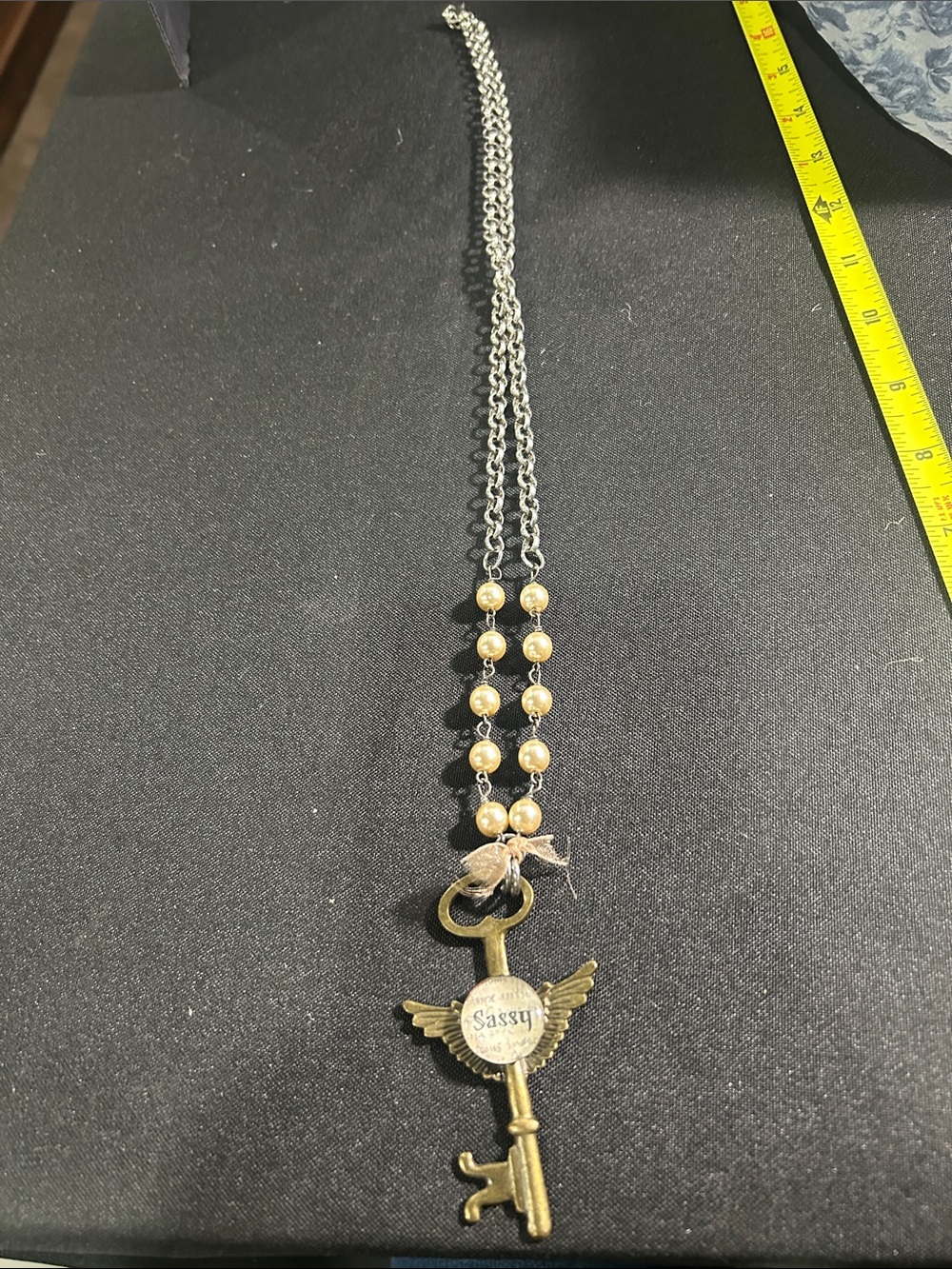 Vintage Key Pendant Necklace with Pearl Accents - 'Sassy'